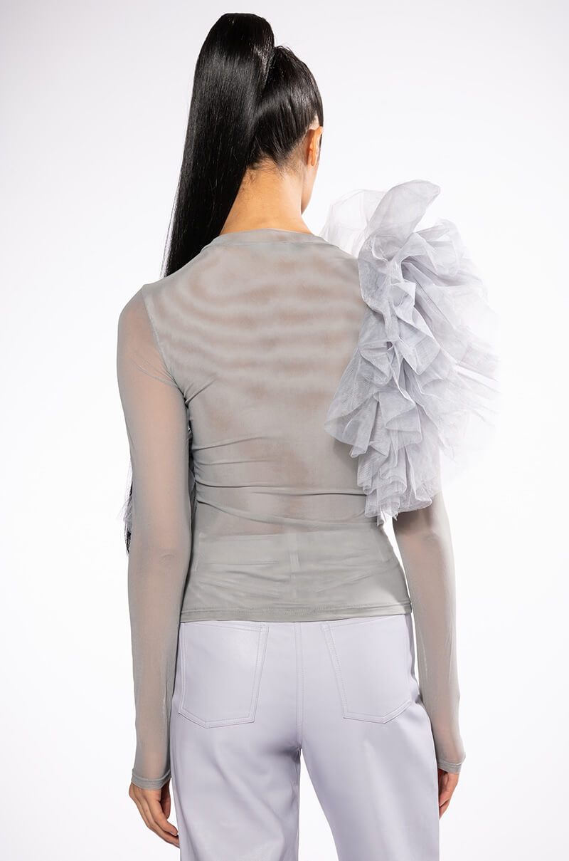 DRAMATIC RUFFLE DETAIL MESH LONG SLEEVE TOP