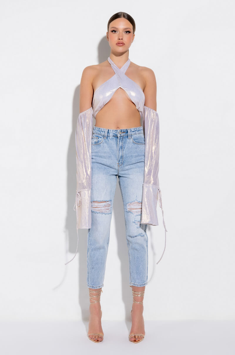 DREAMY WRAP FRONT STATEMENT SLEEVE CROP TOP