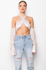 DREAMY WRAP FRONT STATEMENT SLEEVE CROP TOP