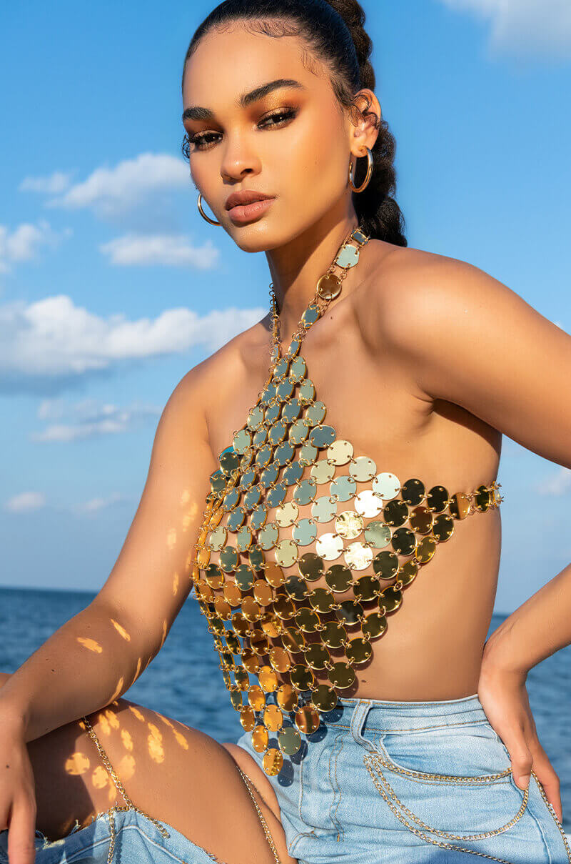 DRIPPING IN GOLD SLEEVELESS HALTER TOP