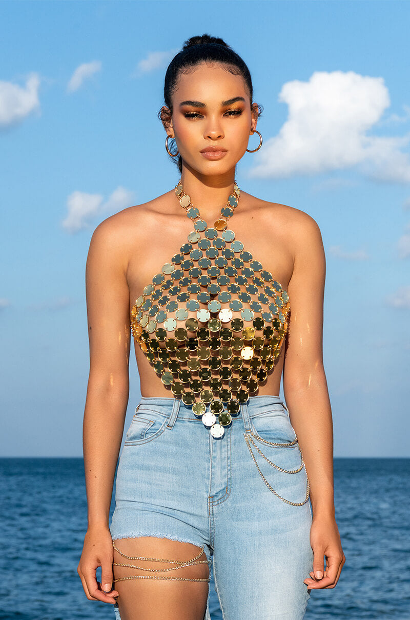 DRIPPING IN GOLD SLEEVELESS HALTER TOP