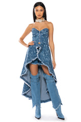 DUSK TIL DAWN PRINTED DENIM CORSET BLOUSE