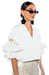 EASY DOES IT RUFFLE SLEEVE CROP BLAZER
