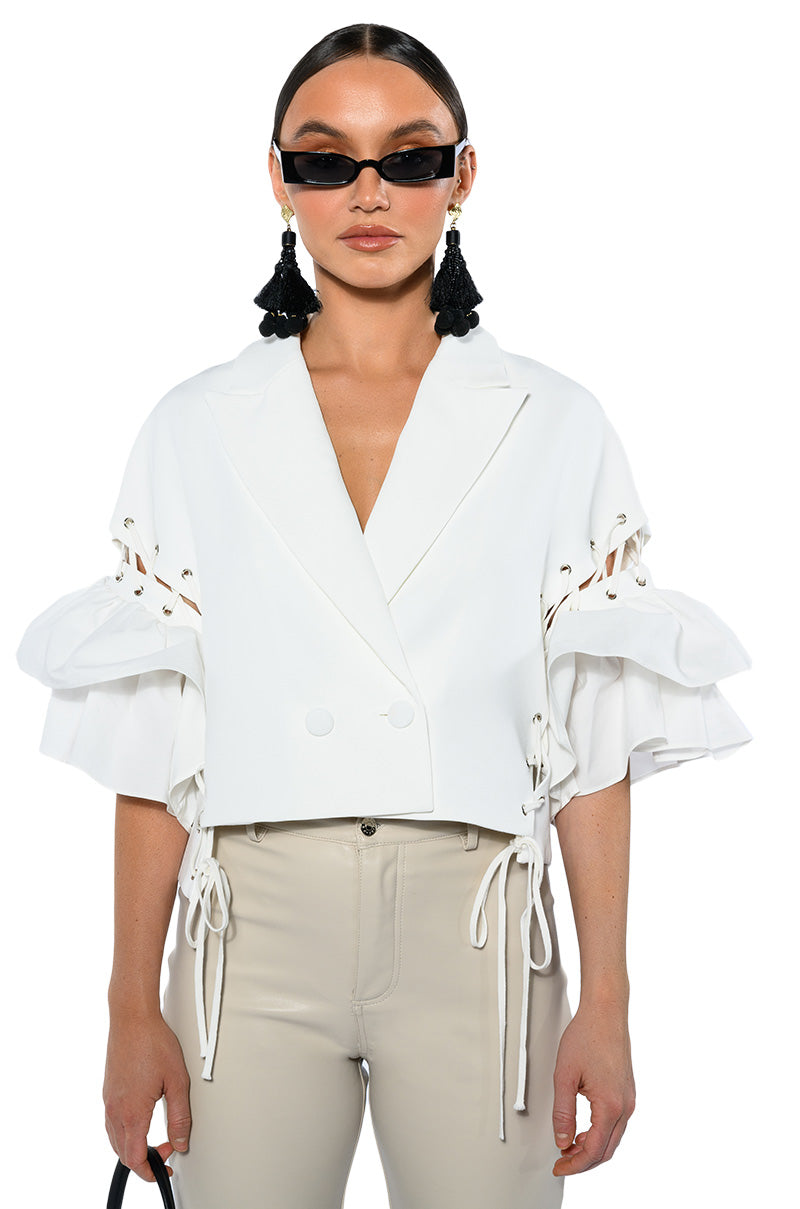 EASY DOES IT RUFFLE SLEEVE CROP BLAZER