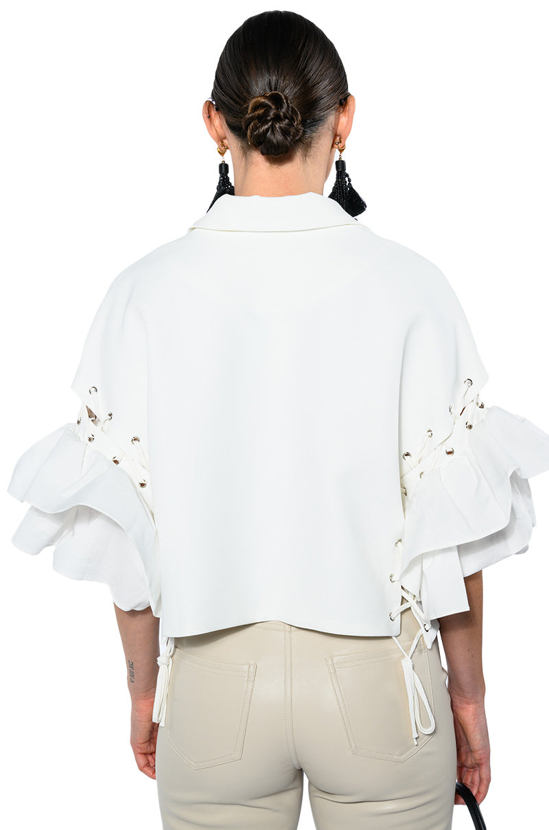 EASY DOES IT RUFFLE SLEEVE CROP BLAZER