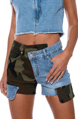 EASY ON ME CAMO DENIM SHORTS