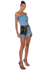 EASY ON ME CAMO DENIM SHORTS