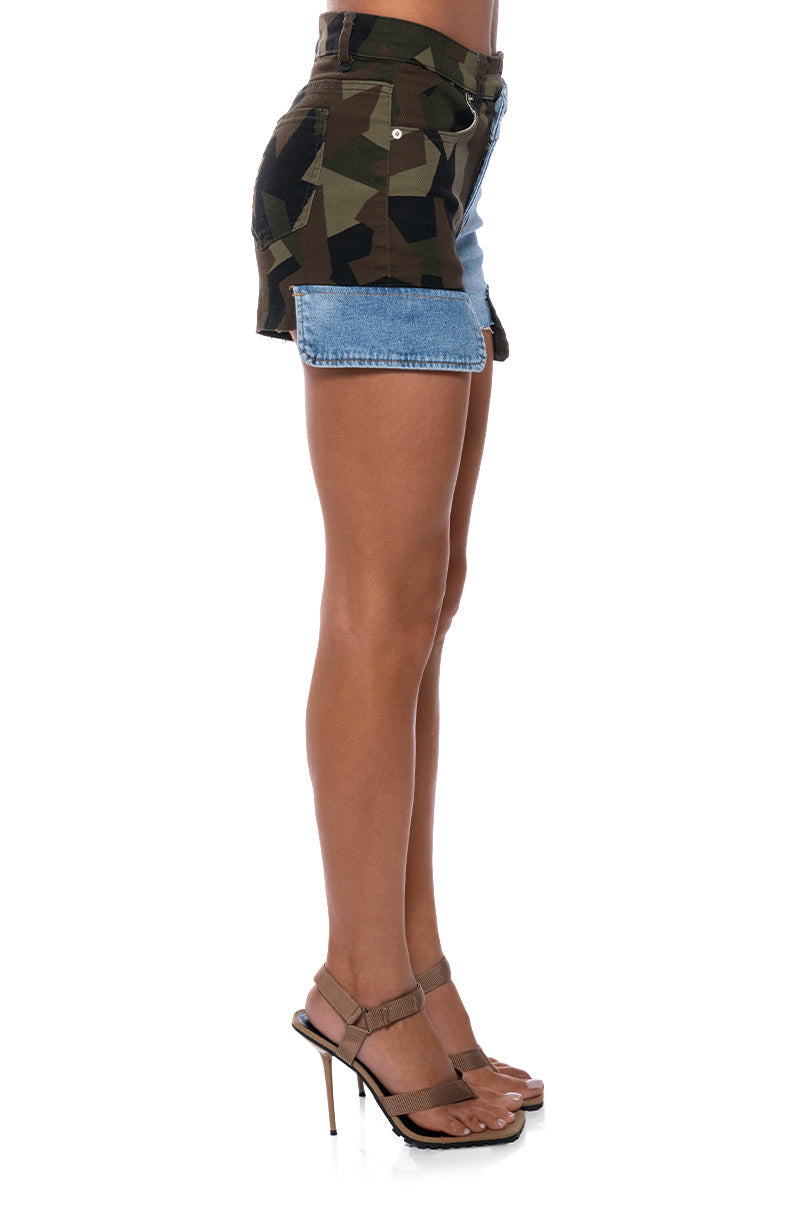EASY ON ME CAMO DENIM SHORTS