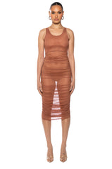 ECHO MESH RUCHED SLEEVELESS MIDI DRESS