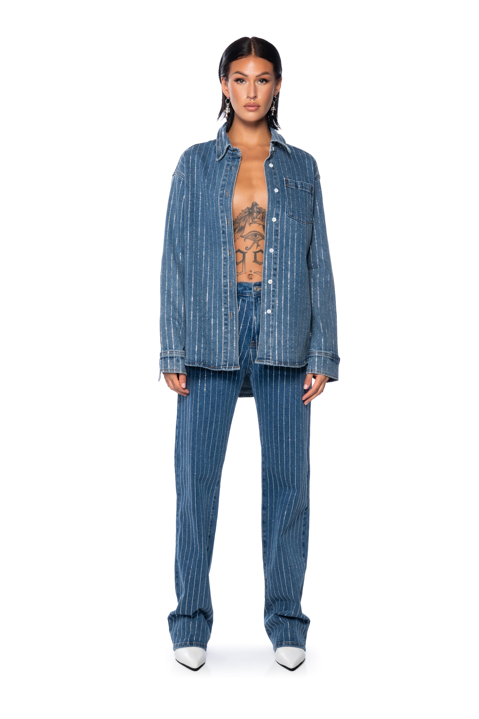 EFFORTLESS GLAM RHINESTONE STRIPE WIDE LEG JEAN