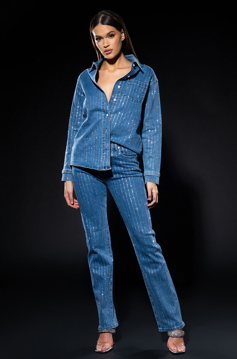 EFFORTLESS GLAM RHINESTONE STRIPE WIDE LEG JEAN