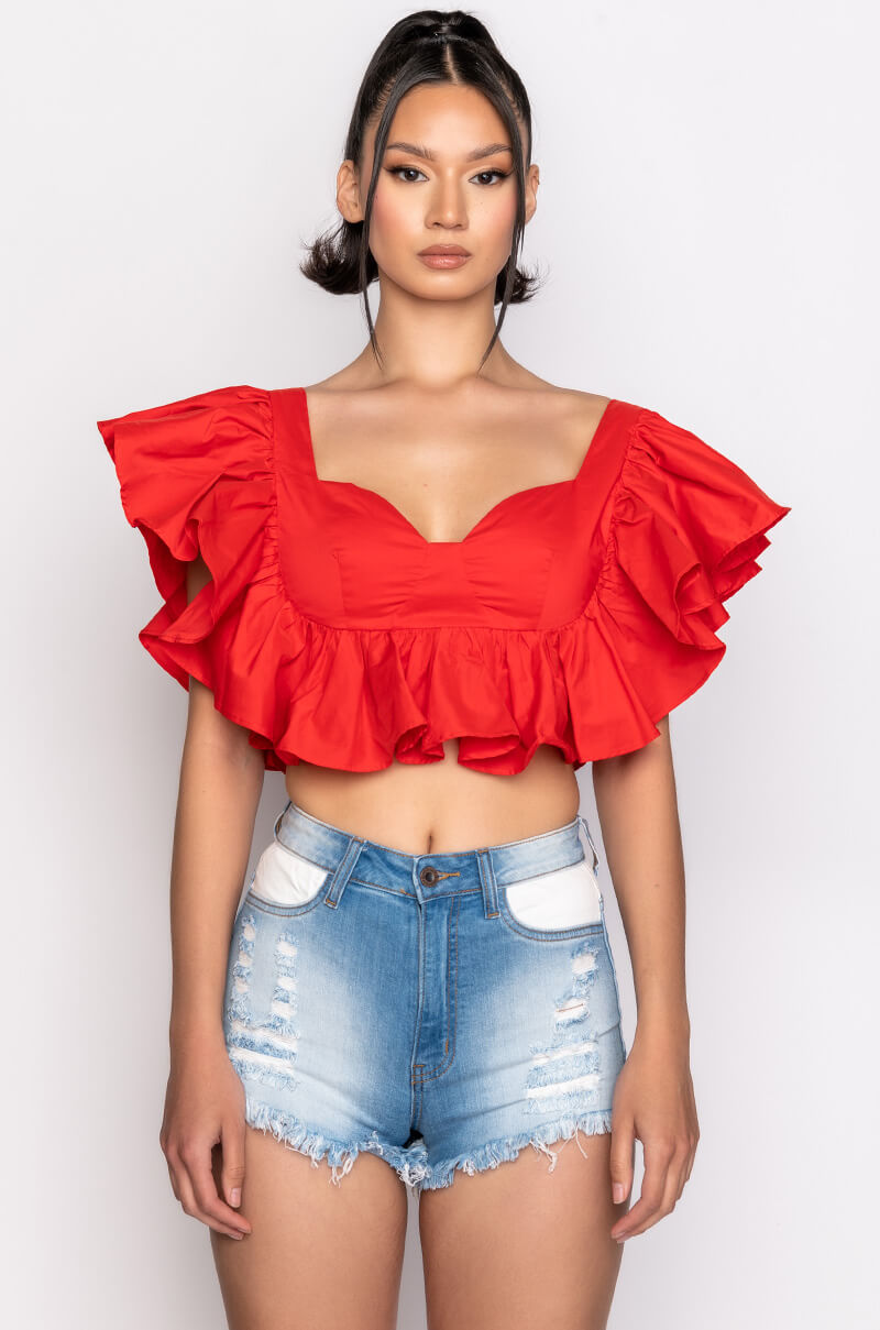 JUNO RUFFLE SLEEVE CROPPED POPLIN BLOUSE