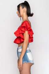 JUNO RUFFLE SLEEVE CROPPED POPLIN BLOUSE