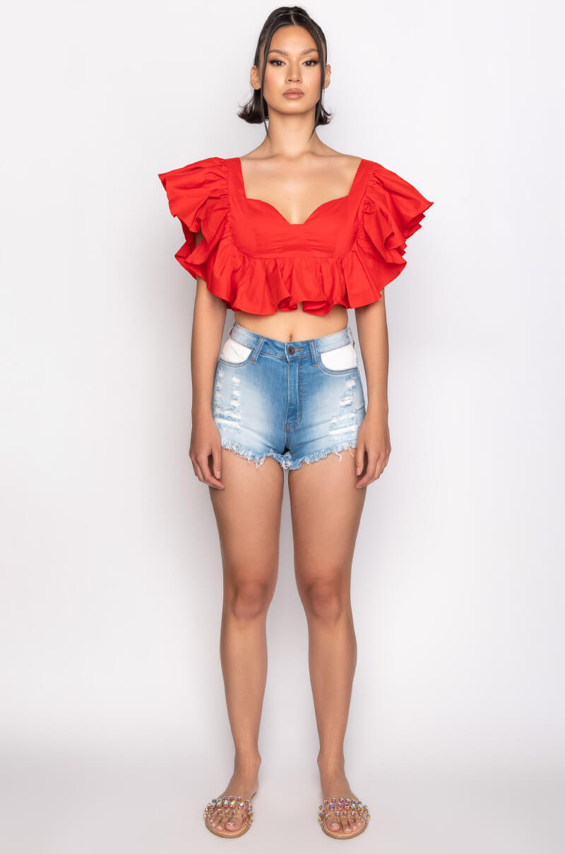 JUNO RUFFLE SLEEVE CROPPED POPLIN BLOUSE