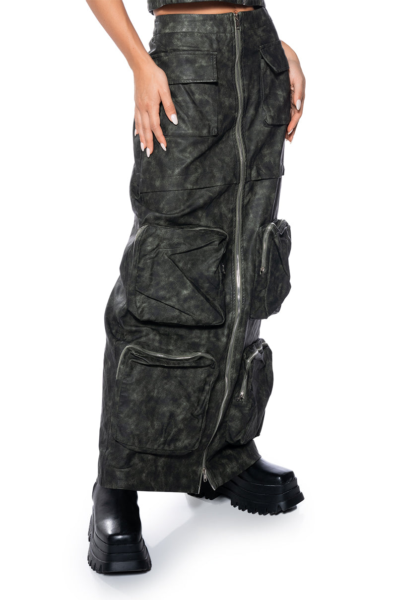 ELISIA DISTRESSED FAUX LEATHER CARGO MAXI SKIRT