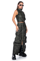 ELISIA DISTRESSED FAUX LEATHER CARGO MAXI SKIRT