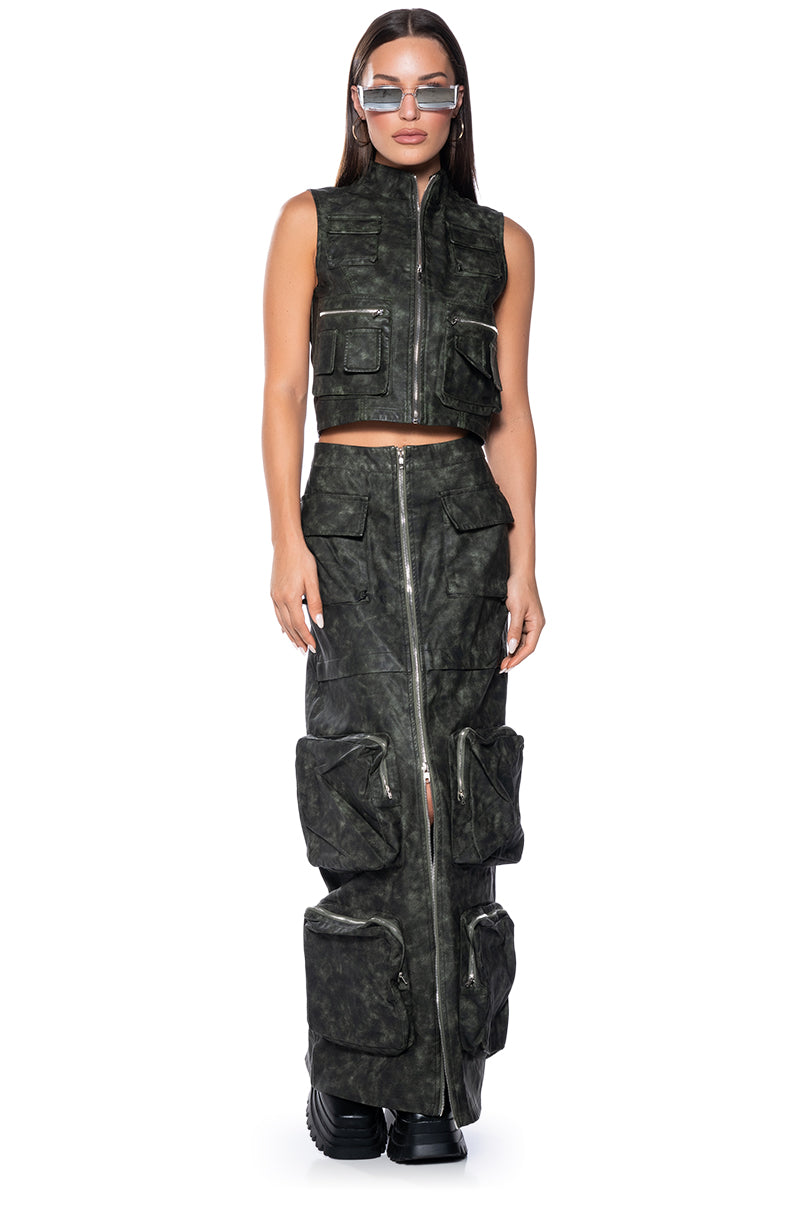 ELISIA DISTRESSED FAUX LEATHER CARGO MAXI SKIRT