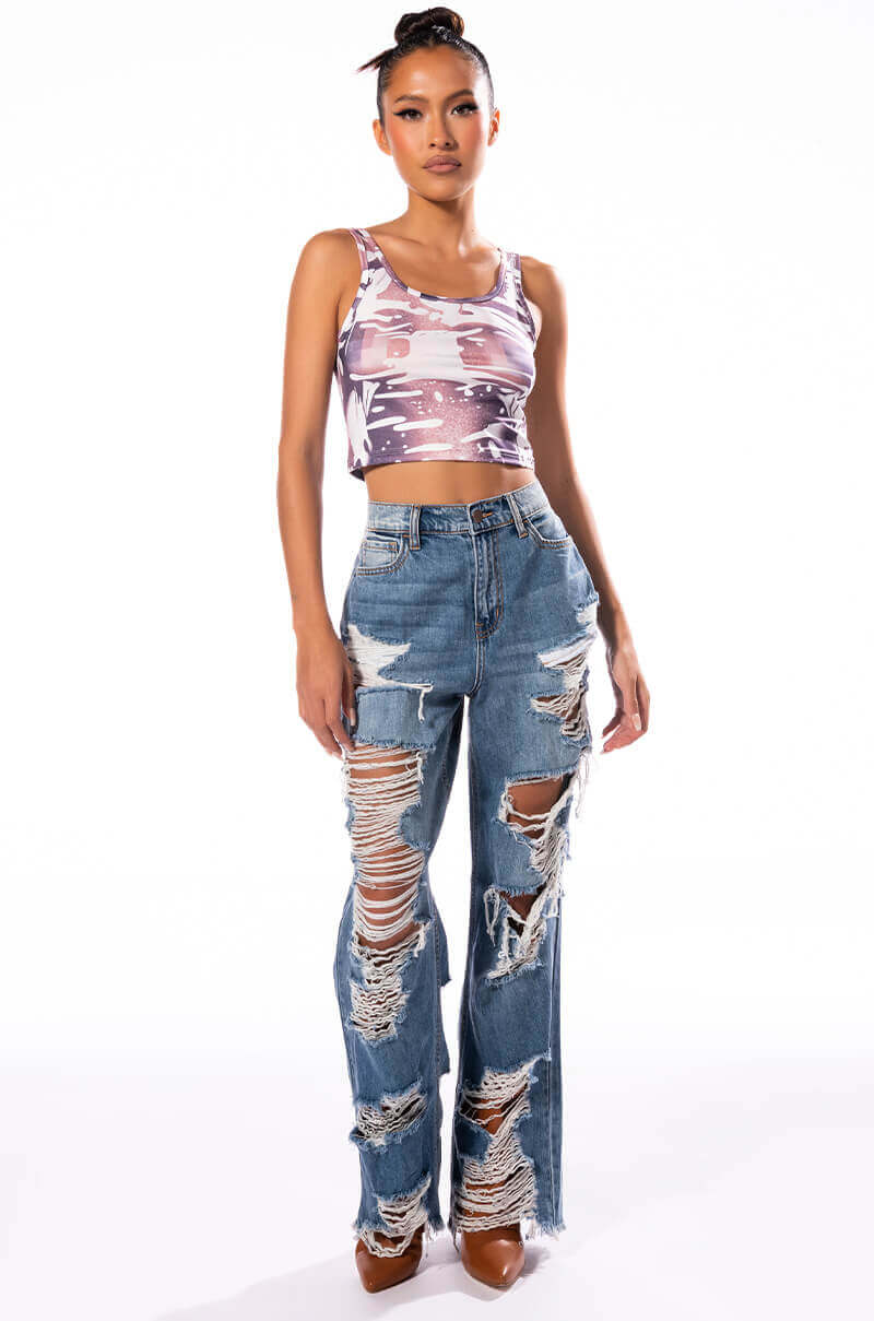 ELLA BELLA HIGH RISE WIDE LEG DISTRESSED JEANS