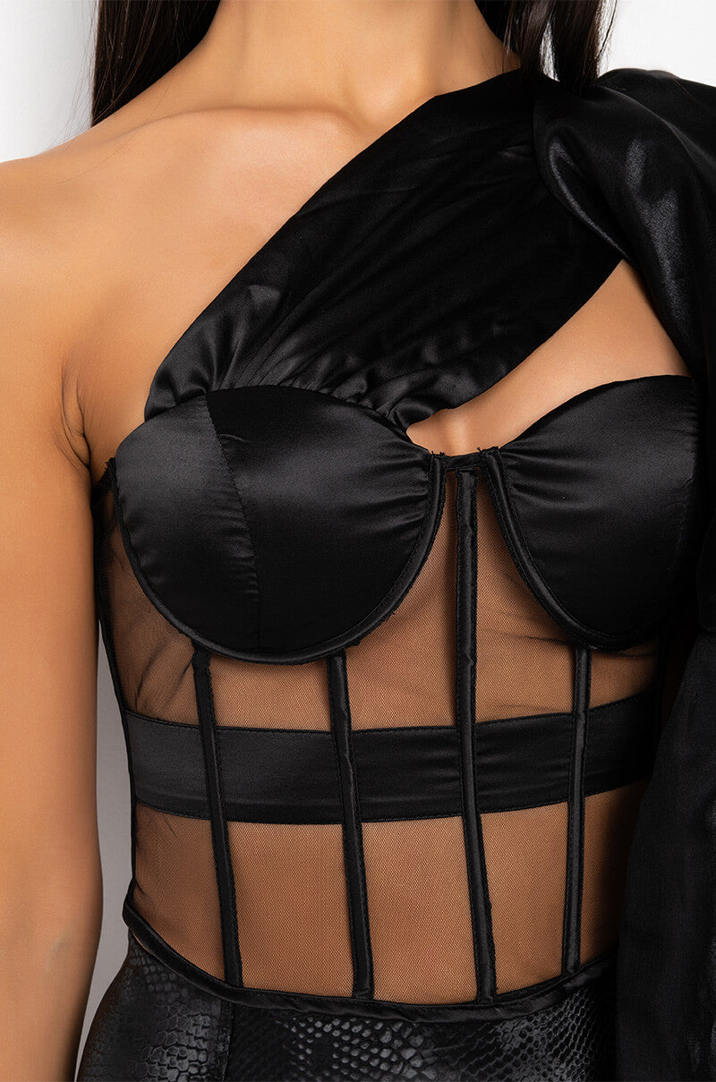 ENCORE ONE SHOULDER MESH PANEL CORSET