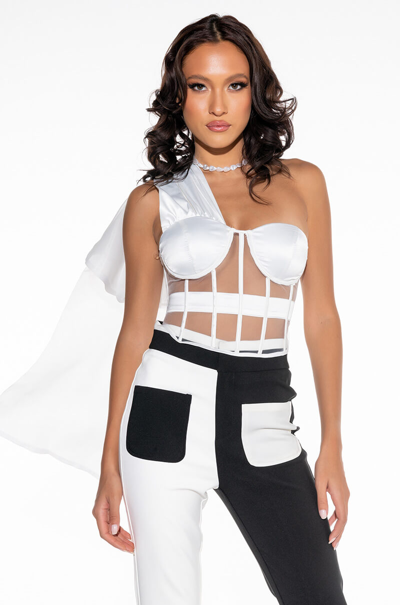 ENCORE ONE SHOULDER MESH PANEL CORSET