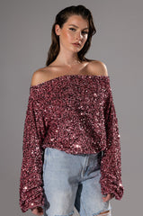 ENERGY OFF THE SHOULDER VELVET SEQUIN SWEATSHIRT