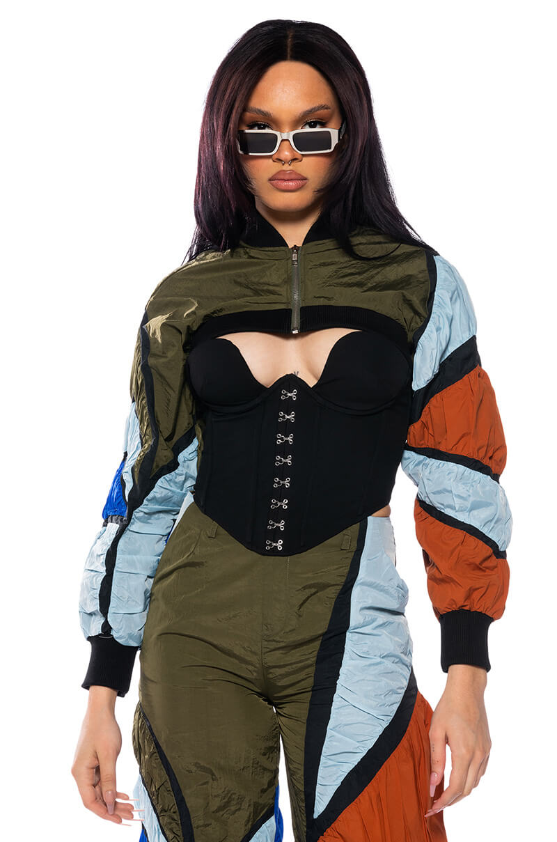 ENJOY THE RIDE MULTI COLORED CROP BOMBER