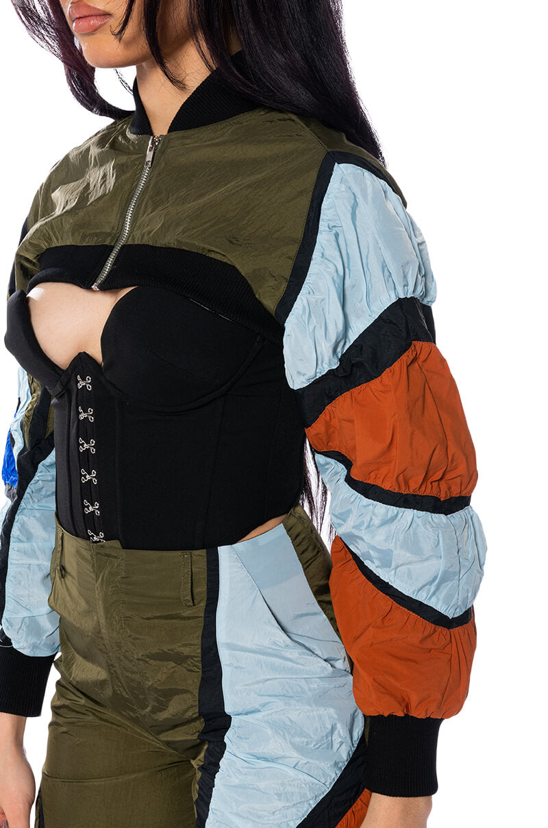 ENJOY THE RIDE MULTI COLORED CROP BOMBER
