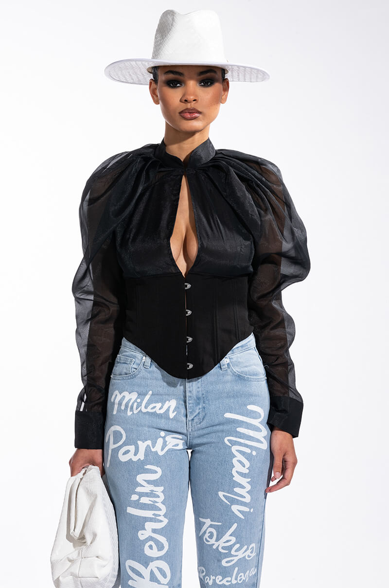ENVIOUS CUTOUT LONG SLEEVE CORSET BLOUSE