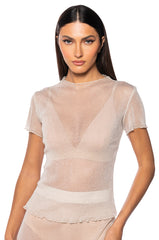 ESTELLE MOCK NECK LETTUCE HEM MESH TOP
