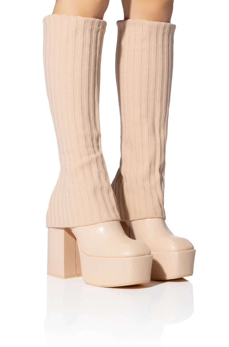 LEILA KNIT FOLD OVER CHUNKY BOOT IN NUDE