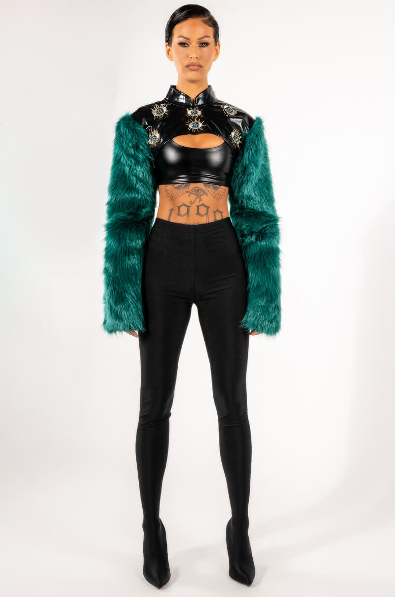 EYE OF THE BEHOLDER FAUX FUR LONG SLEEVE CROP TOP
