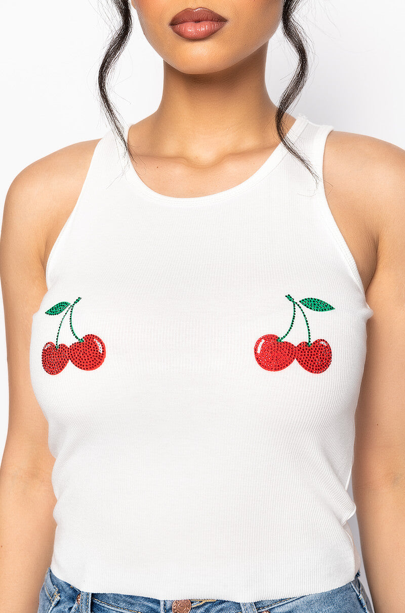 EYES UP HERE RHINESTONE TANK