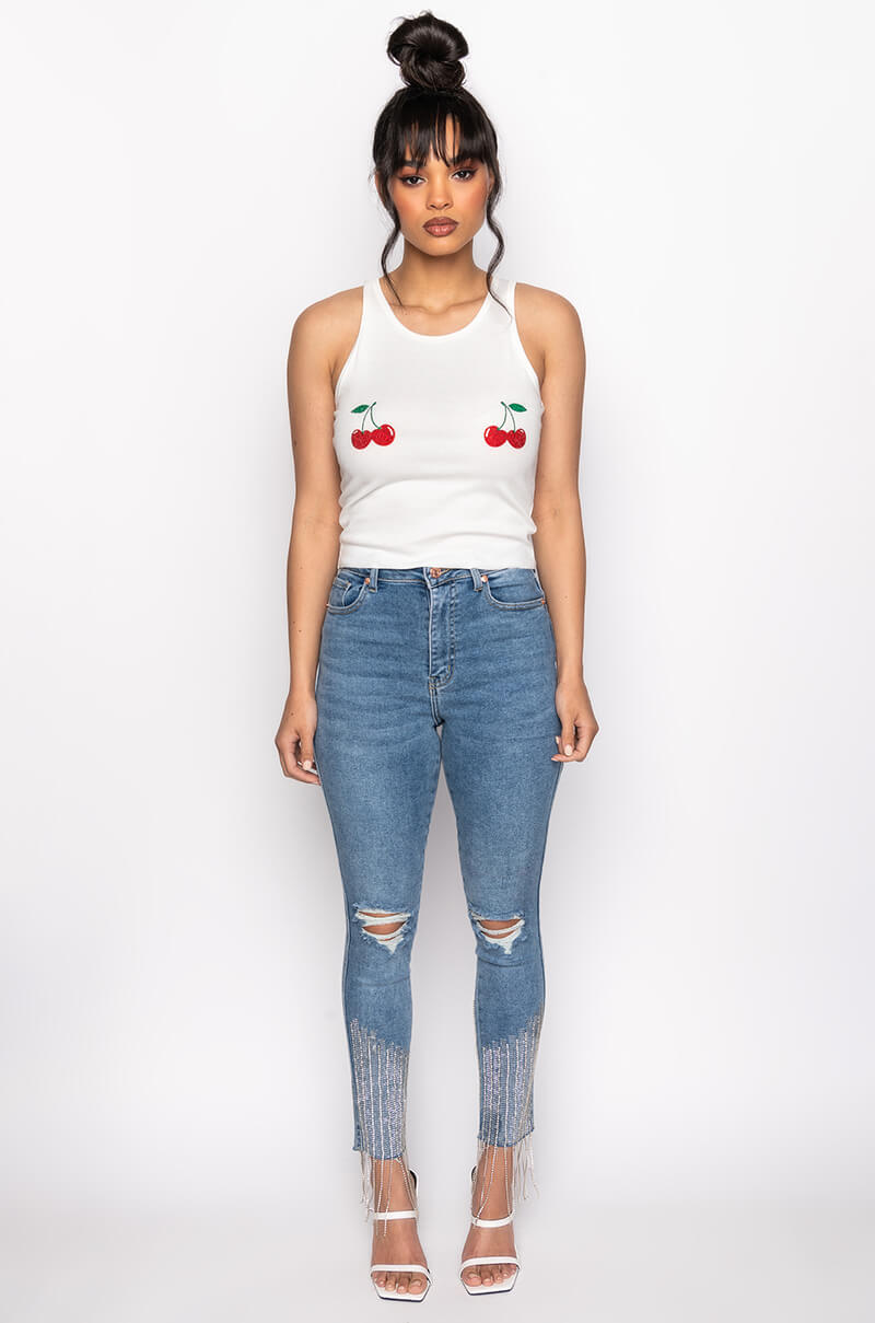 EYES UP HERE RHINESTONE TANK