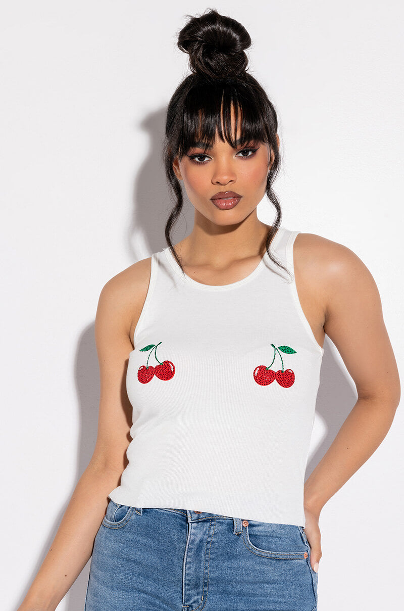 EYES UP HERE RHINESTONE TANK