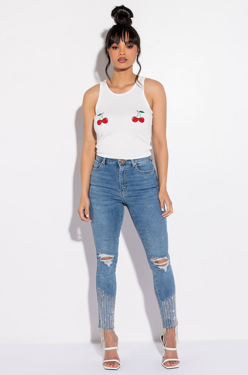 EYES UP HERE RHINESTONE TANK