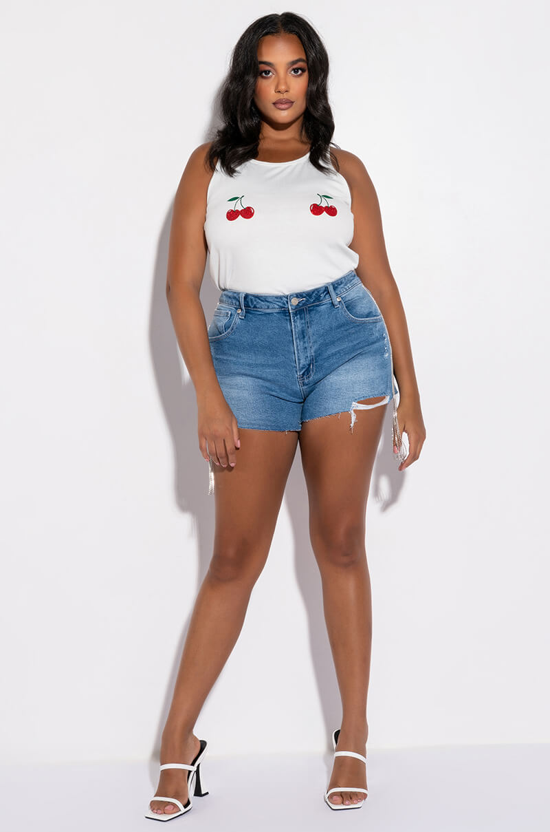 EYES UP HERE RHINESTONE TANK