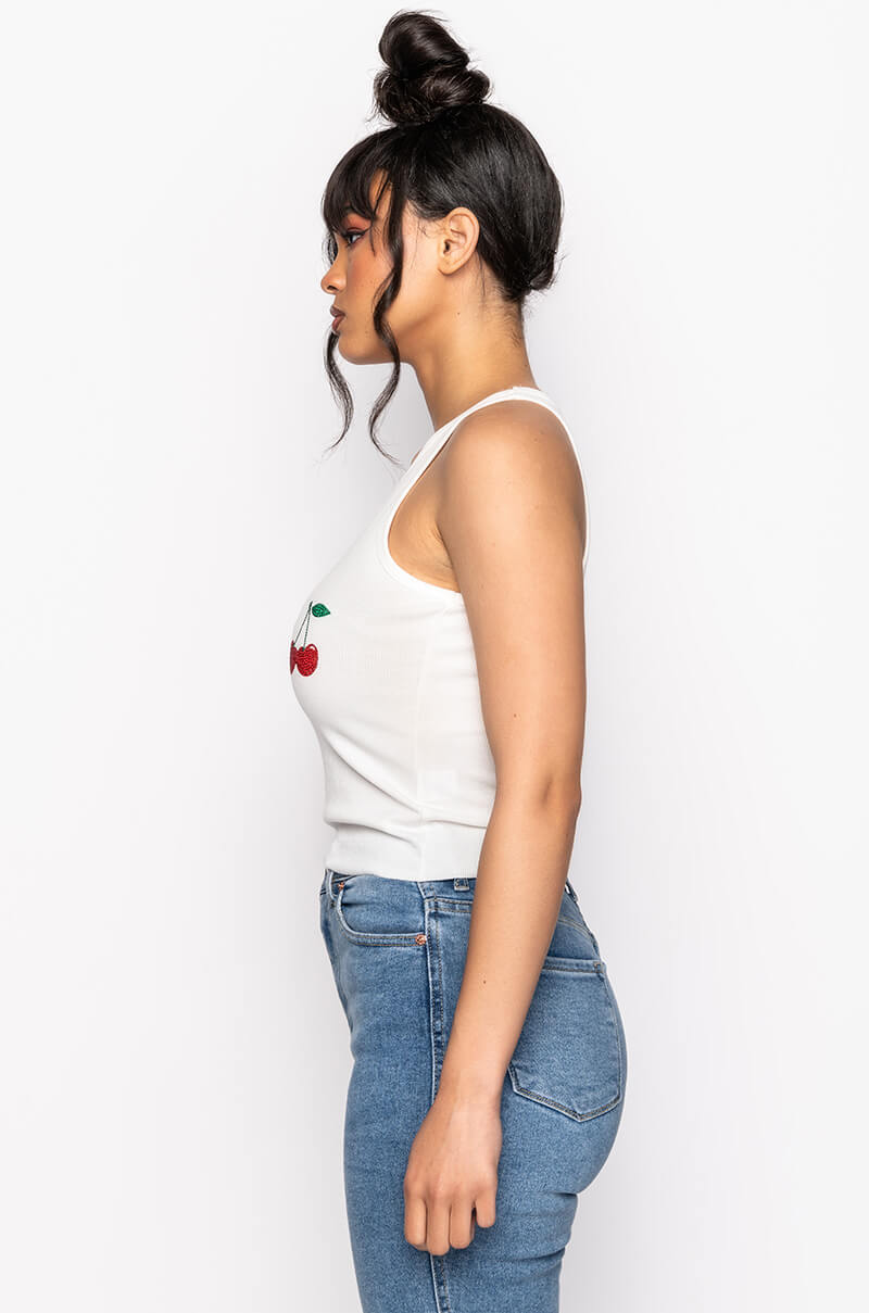 EYES UP HERE RHINESTONE TANK