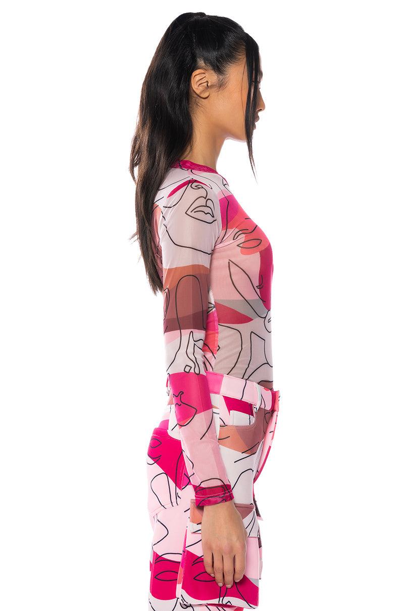 FACES PRINTED MESH BODYSUIT