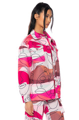 FACES PRINTED SCUBA BUTTON DOWN TOP