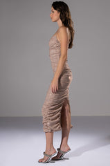 FALLING STAR SHIMMER RUCHED MIDI DRESS