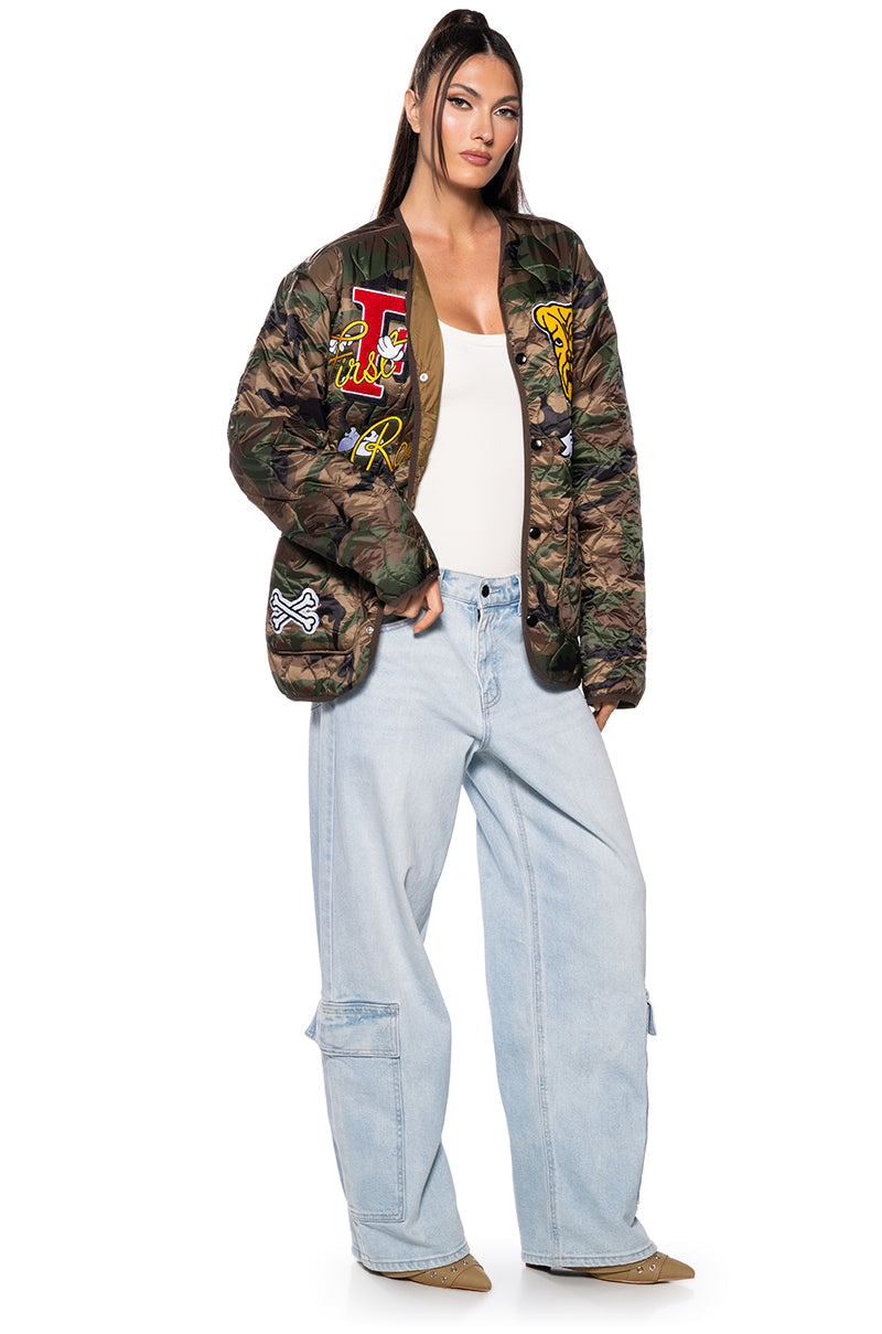FIRST ROW NYLON CAMO PATCH BOMBER