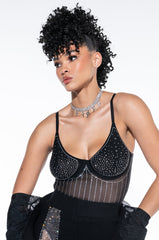 FASHIONABLY LATE RHINESTONE MESH BODYSUIT