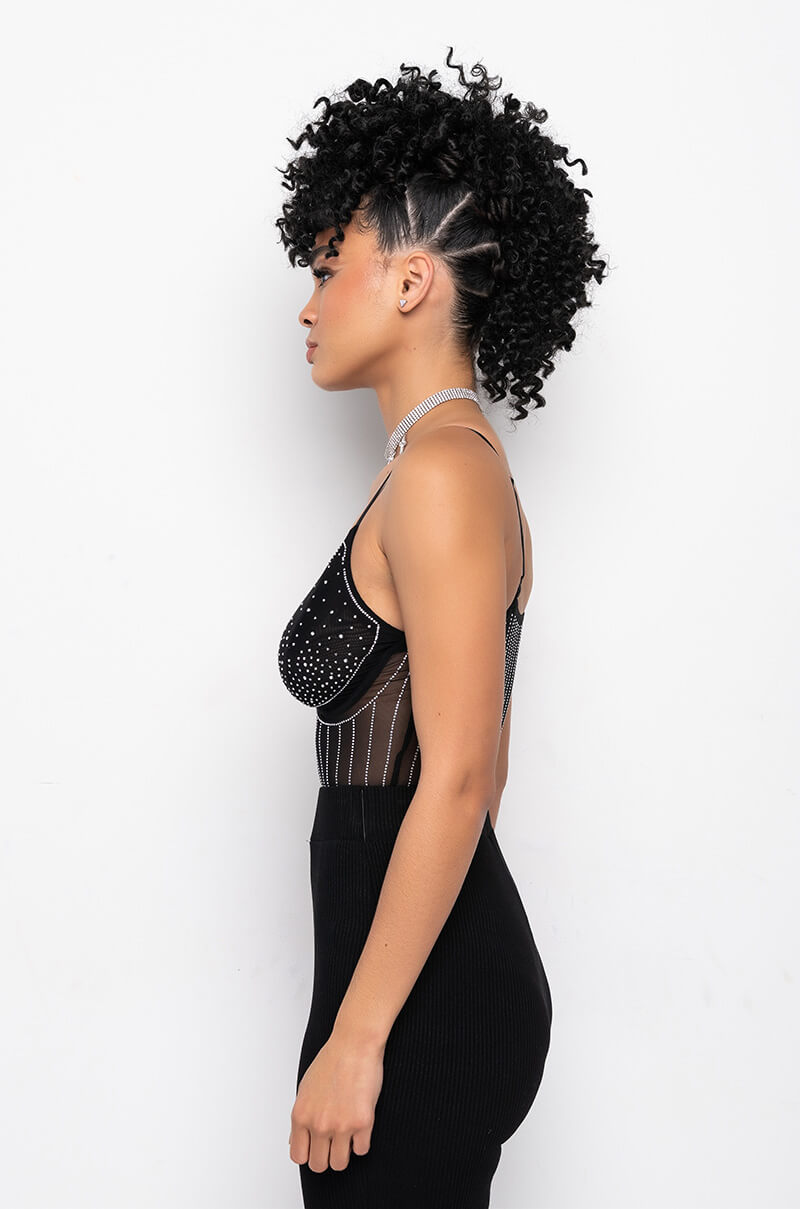 FASHIONABLY LATE RHINESTONE MESH BODYSUIT