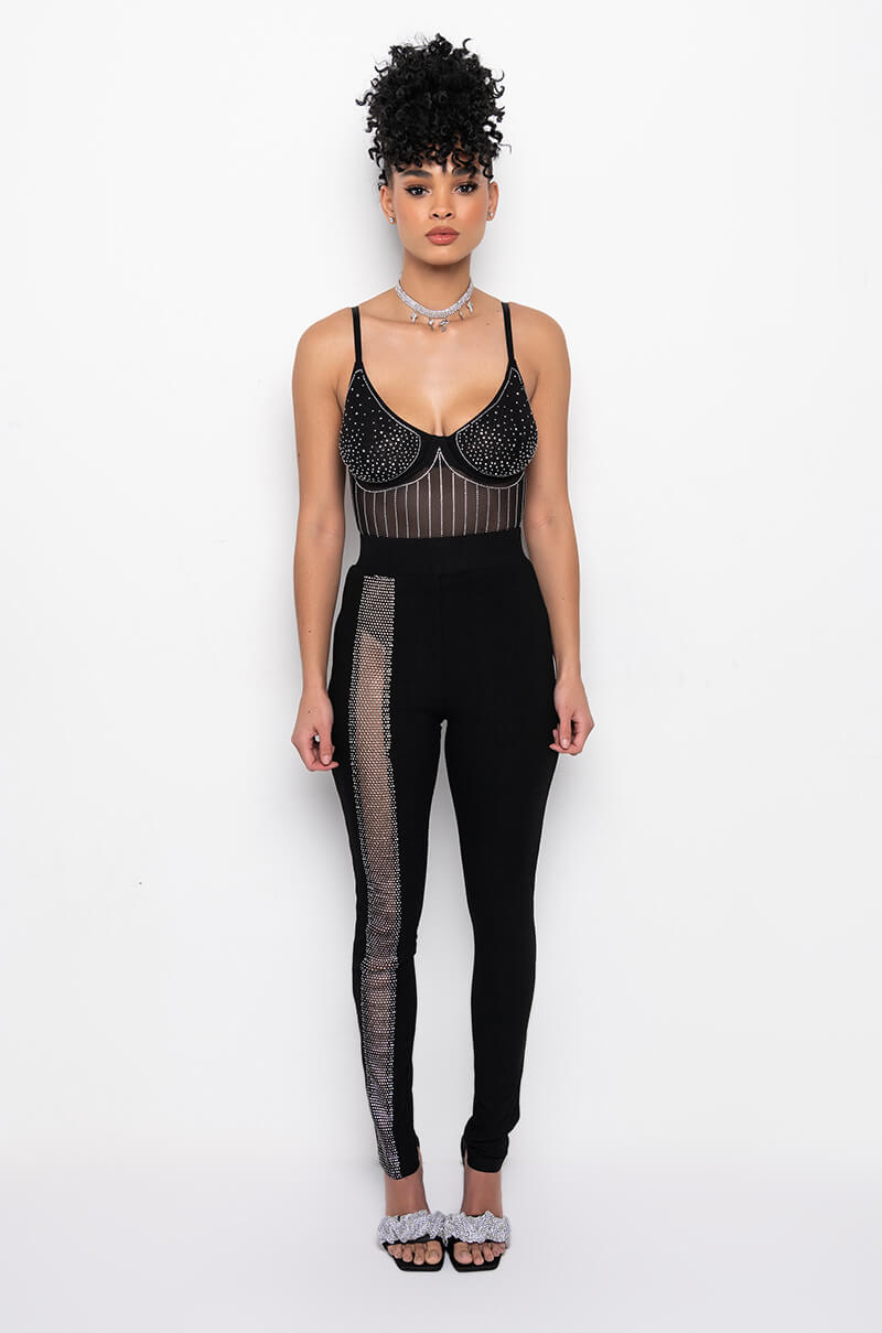 FASHIONABLY LATE RHINESTONE MESH BODYSUIT