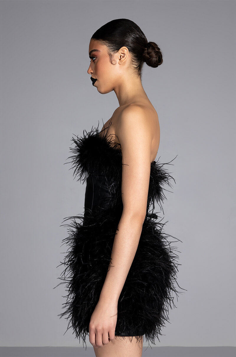 FATAL ATTRACTION FEATHER DETAILED MINI DRESS