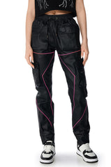 FAUX LEATHER JOGGER PANT WITH PINK PIPING