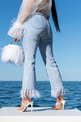 FEATHERS ALL OVER CROP HIGH WAIST JEANS