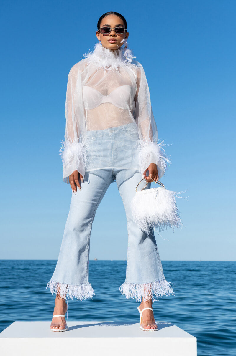 FEATHERS ALL OVER CROP HIGH WAIST JEANS