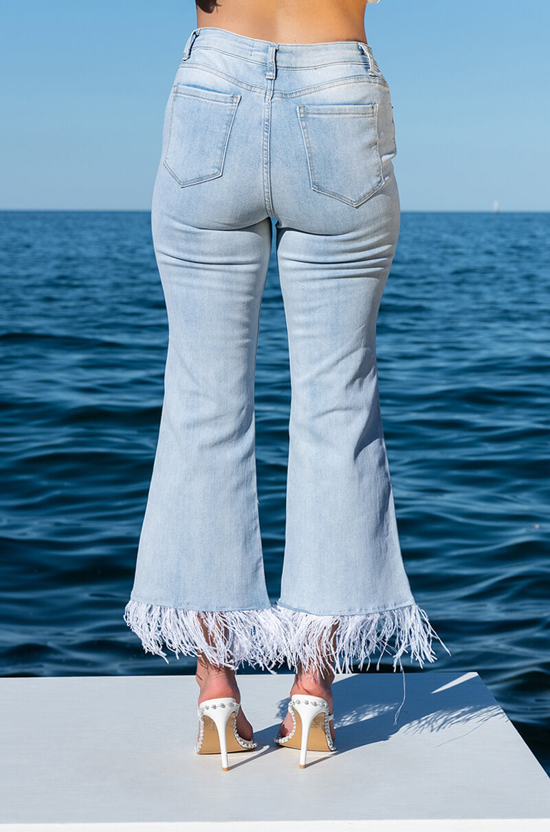 FEATHERS ALL OVER CROP HIGH WAIST JEANS