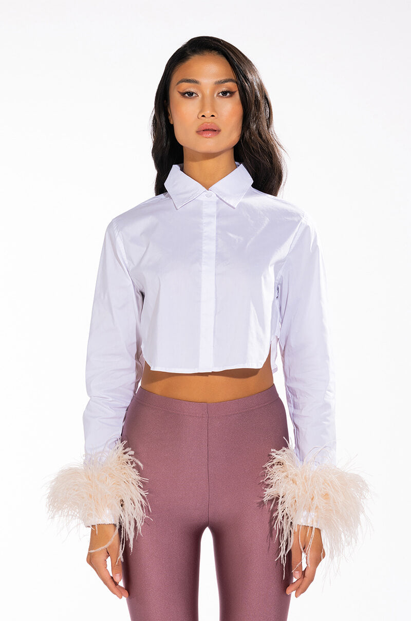 FEATHERS ON MY MIND CROPPED POPLIN SHIRT WITH FEATHERS